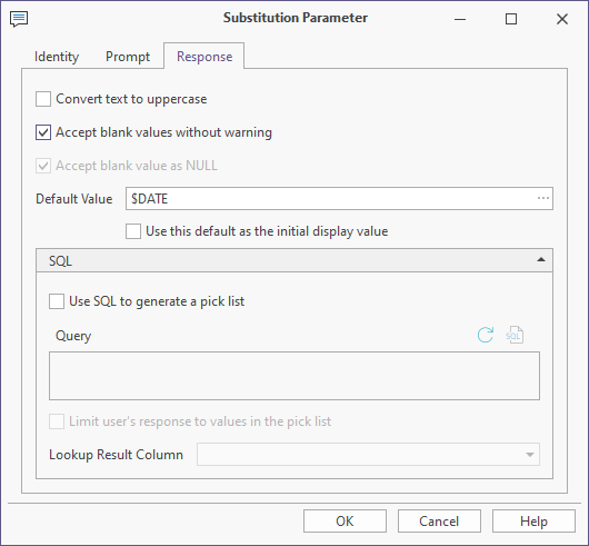 The Response tab of the Substitution Parameter form