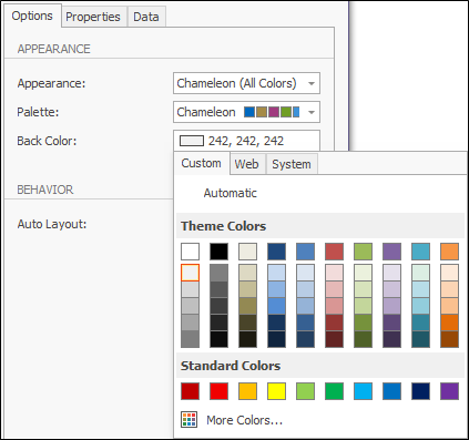 The Back Colour drop down menu