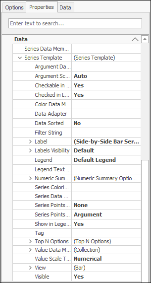 The Data section of the Properties tab for the chart