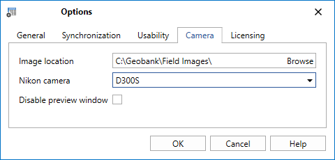 The Camera tab of the Options form