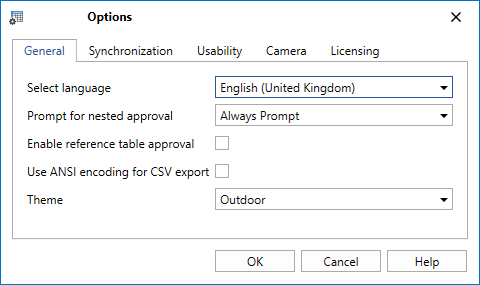 The General tab of the Options form