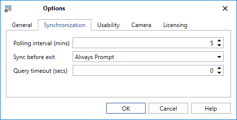 The Synchronization tab of the Options form