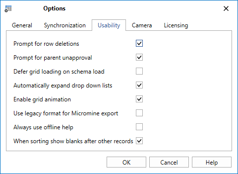 The Usability tab of the Options form