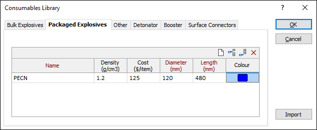 The Packaged Explosives tab of the Consumables Library form