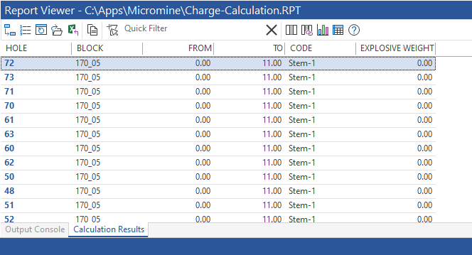 The Charge Calculation report displayed in the Report Viewer
