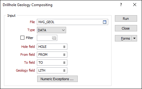 The Input options in the Drillhole Geology Compositing form