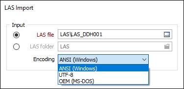 The Encoding drop down on the LAS Import form