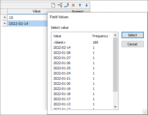 Available Field Values for a Date field in the File Editor