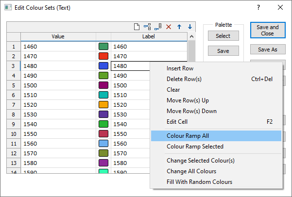 The Colour Ramp options in the context menu