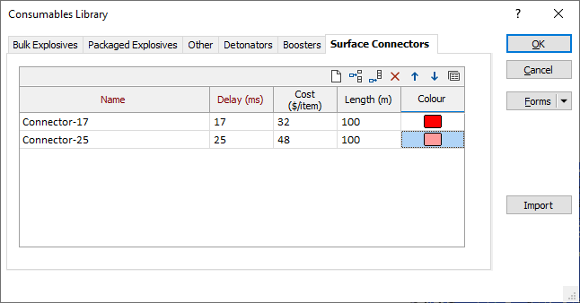 The Surface Delay tab of the Consumables Library form