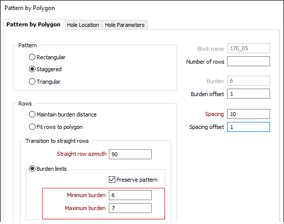 The Pattern by Polygon form with the Burden Limits option configured