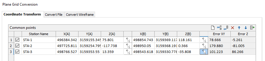 The Common Points options in the Plane Grid Conversion form