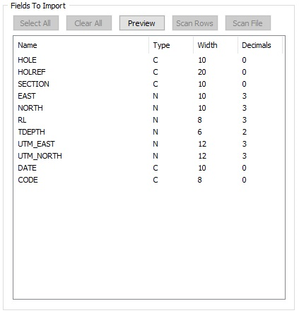 The Fileds to Import section of the Import Text File dialog