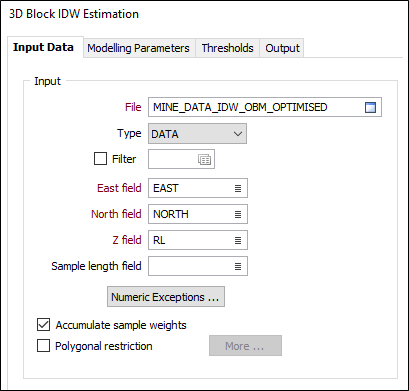 The Input options on the Input Data tab of the 3D Block IDW Estimation form