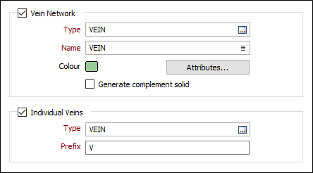 The Output tab of the Vein Network form