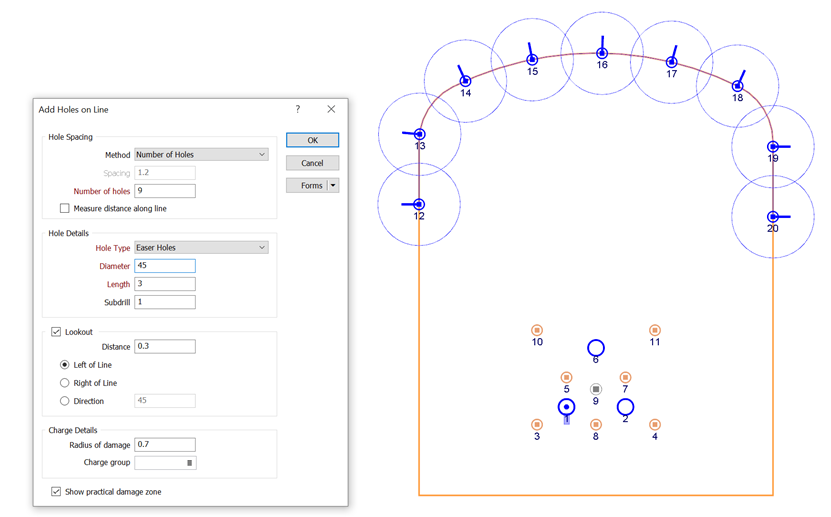 An example of the Add Holes on Line function