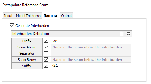 The Generate Interburden Blocks options in the Output tab