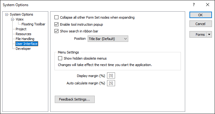 The User Interface tab of the System Options form