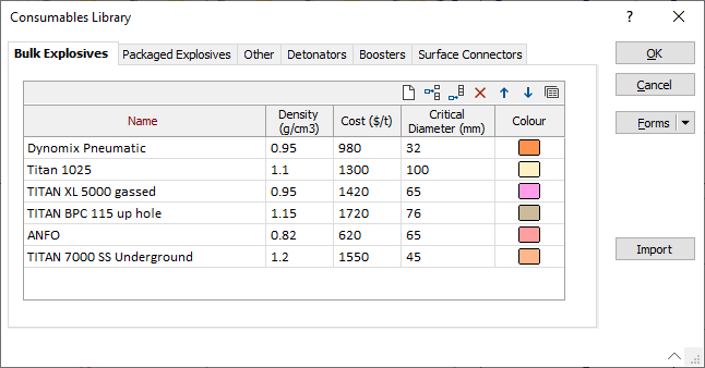 The Bulk Explosives tab of the Consumables Library form