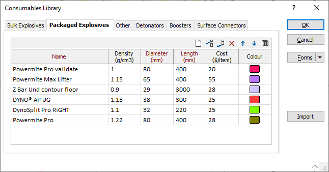 The Packaged Explosives tab of the Consumables Library form