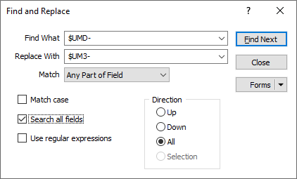 The Find and Replace form