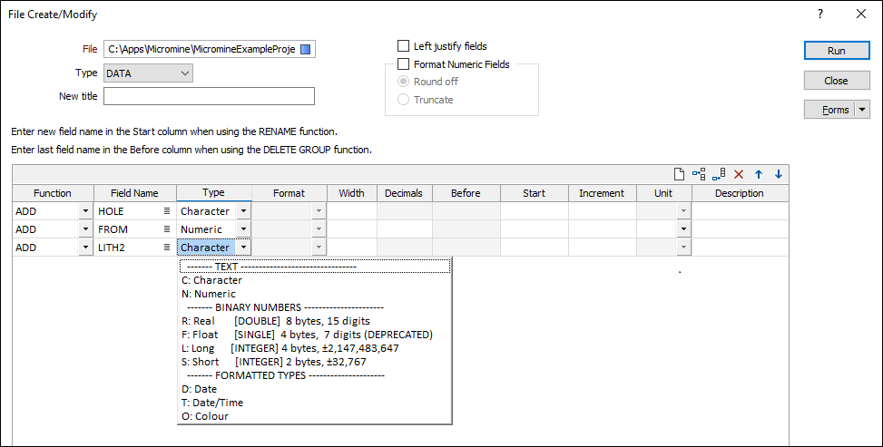 The File Create/Modify dialog