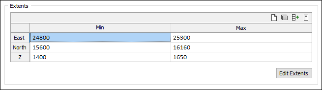 The Extents grid on the Options tab of the Grade Modelling form