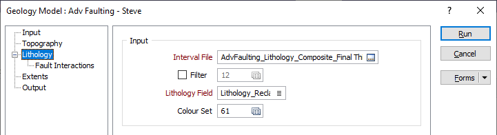 The Lithology Input options on the Geology Model form