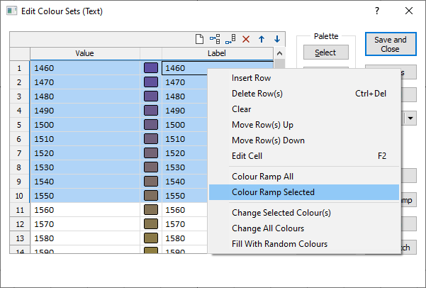 The Edit Colour Set right-click menu