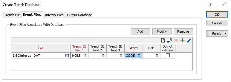 The Event Files tab of the Create Trench Database form
