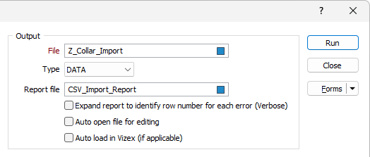 The Output section of the Import Text File dialog