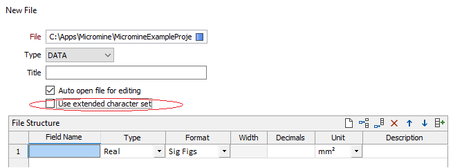 New File dialog with Use Extended Character Set check box circled in red
