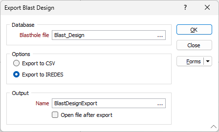 The Export Blast Design form