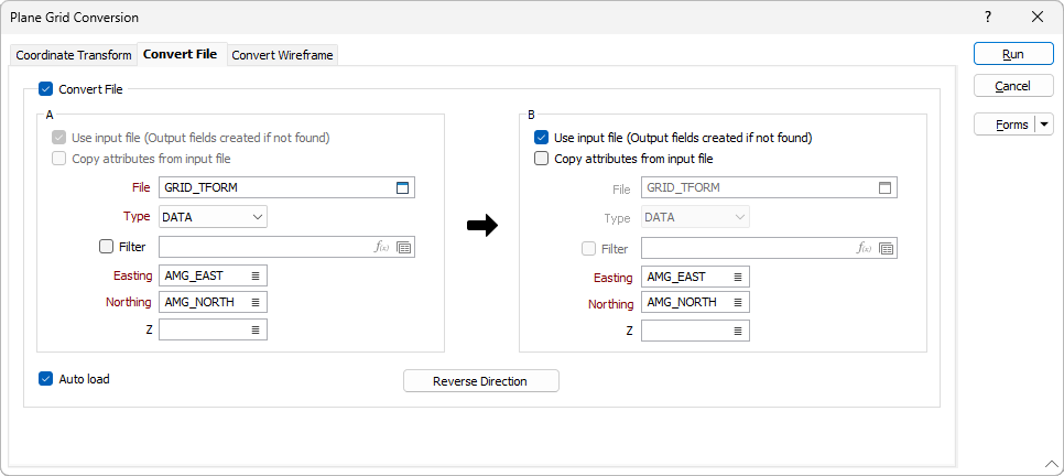 The Convert File tab of the Plane Grid Conversion form