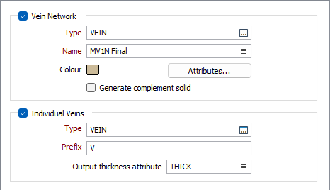 The Output tab of the Vein Network form
