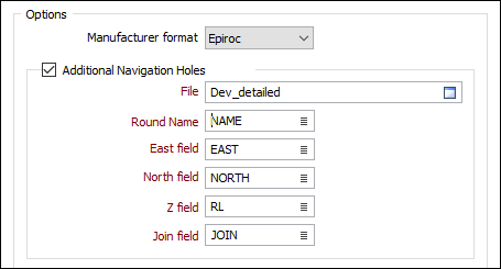 The Options section of the Export Heading Design to IREDES form for Epiroc