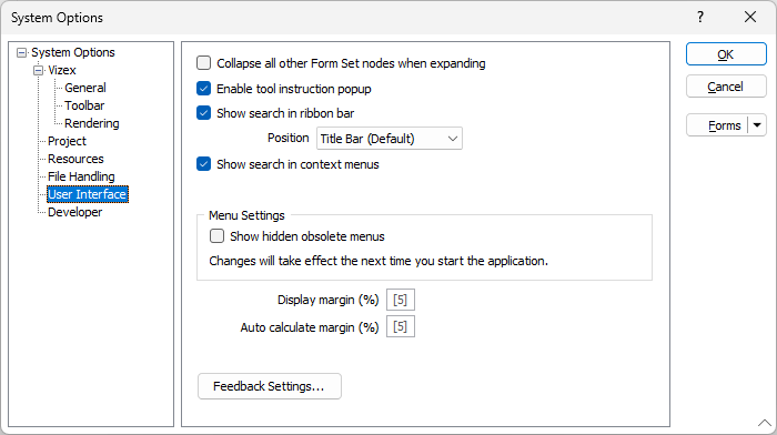 The User Interface tab of the System Options form