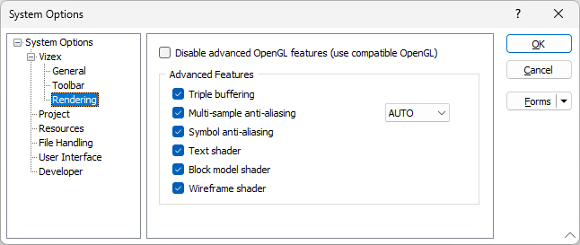 The Rendering options in System Options | Vizex