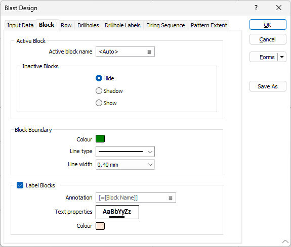 The Block tab of the Blast Design dialog