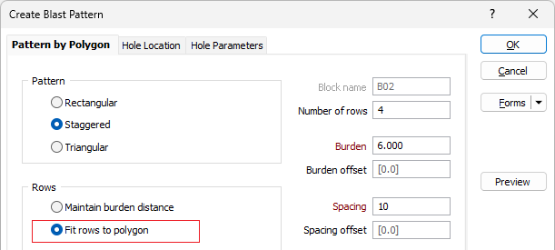 The Pattern by Polygon form with Fit rows to polygon option selected