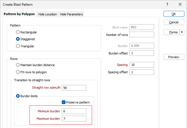 The Pattern by Polygon form with the Burden Limits option configured