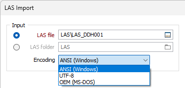 The Encoding drop down on the LAS Import form