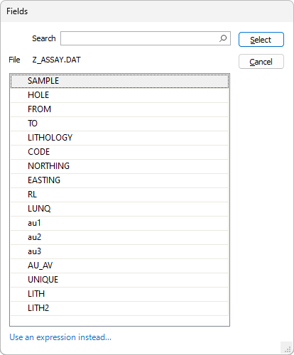 Fields Dialog Opened from the Before Cell