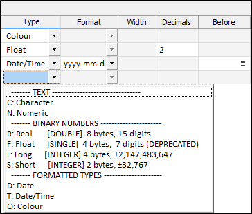 The Text group in the Type Drop Down Menu