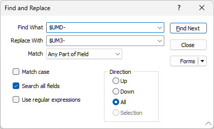 The Find and Replace form
