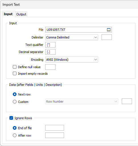 The Input tab on the Import Text form