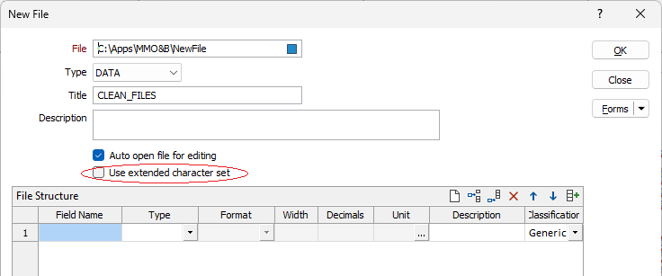 New File dialog with Use Extended Character Set check box circled in red