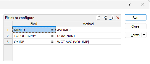 The Fields to configure options on the Regularise Block Model form
