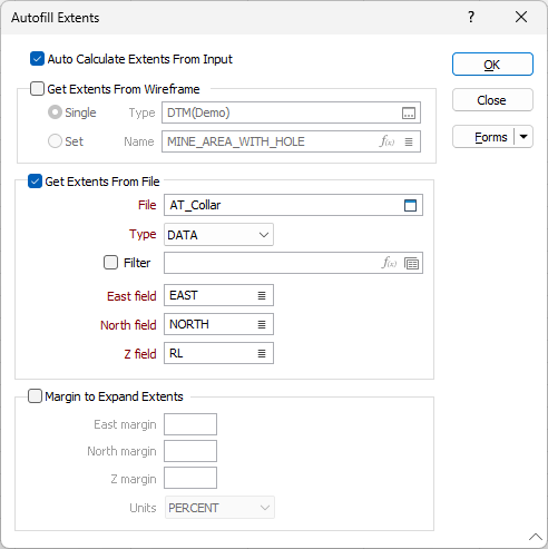The Autofill Extents form