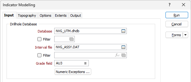 The Drillhole Database options on the Input tab